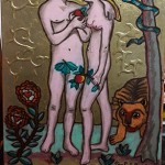 adamo ed eva con leone - 2019 - cm 45 x 60 tecnica mista e foglia d'oro su tela - gian paolo gazzola
